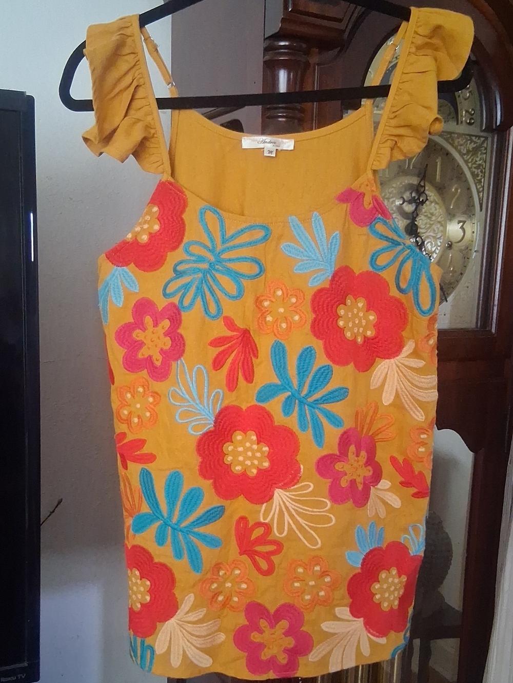 ANDREE BY UNIT Mustard Tank with Multicolor Floral Embroidery 70% COTTON